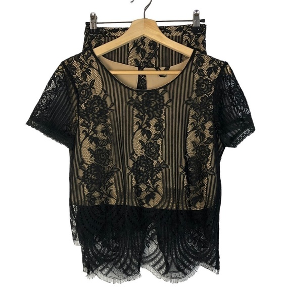 Revolve NBD Nude Black Lace Short Sleeve Top S - Picture 6 of 7